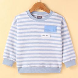 Little Kangaroos Fleece Knitted Full Sleeves Pullover Sweater With Striped Design & Text Patch - Light Blue-picture-1