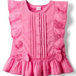 Babyhug Cotton Swiss Dot Woven Frill Sleeves Striped Top with Bow Applique - Dark Pink-picture-21