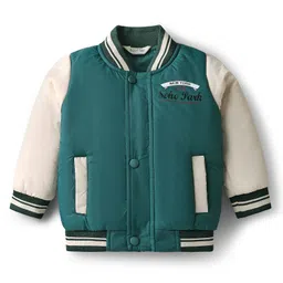 Bonfino Woven Full Sleeves Padded Bomber Jackets With Cut & Sew Design & Text Print - Teal Blue & White-picture-18