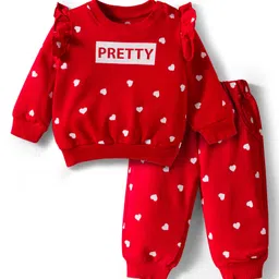 Doodle Poodle 100% Cotton Knit Full Sleeves T-Shirt & Jogger Set With Heart & Pretty Text Print - Red-picture-22