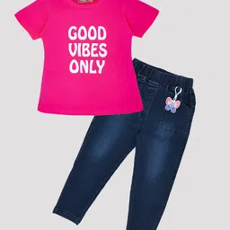 Kiwi Cotton Knit Half Sleeves Good Vibes Only Text Printed Top & Denim Jeans Set - Blue-picture-22