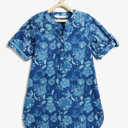 Campana 100% Cotton Woven Three Fourth Sleeves Floral Printed Kurti - Indigo Blue-picture-15