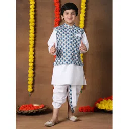 Superminis Cotton Woven Full Sleeves Solid Kurta & Dhoti With Ethnic Printed Jacket Set - Blue-picture-25