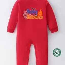 BLUSHES 100% Cotton Knit Halloween Theme Full Sleeves Happy Halloween Text Printed Romper - Red-picture-14