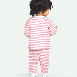 Ariel Pure Cotton Full Sleeves Bunny Printed & Striped Tee With Coordinating Pajama Set - Pink image 2