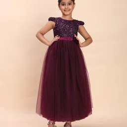 Toy Balloon Kids Net Woven Cap Sleeves Floral Applique Detailed Sequins Embellished Gown - Purple image 4