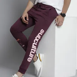 The Indian Garage Co Men Burgundy Typography Printed Joggers image 1