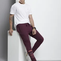 The Indian Garage Co Men Burgundy Typography Printed Joggers image 4