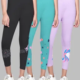 ZUNIORS SSC Girls Pack Of 3 Black Blue & Lavender Printed Slip On Cotton Capris-picture-58