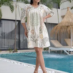 ZUMMER Women Cotton Floral Embroidered Puff Sleeve Empire Dress-picture-29