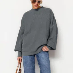 Trendyol Women Ribbed Mock Collar Long Sleeves Pullover-image-25