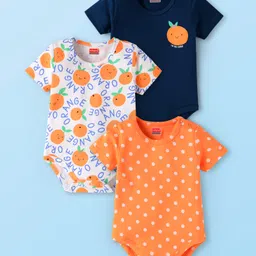 Babyhug 100% Cotton Knit Half Sleeves Tangerine Printed OnesiesPack of 3 - Orange White & Black-picture-14