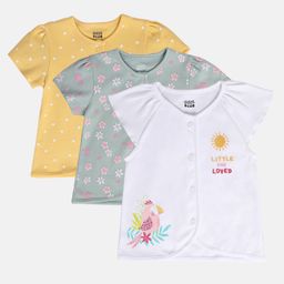 MINI KLUB Cotton Pack Of 3 Half Sleeves Floral & Bird Printed Jhablas - Yellow Green & White-picture-13