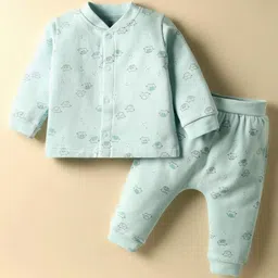 I Bears Fleece Knit Full Sleeves Winter Wear Front Open T-Shirt & Lounge Pant Co-Ord Set With Elephant Print - Turquoise-picture-10