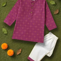 Desi Soota Cotton Woven Full Sleeves Geometric Floral Pinted Kurta & Pyjama Set - Purple-picture-39