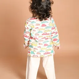 LIL PITAARA Pure Cotton Full Sleeves All Over Car Printed Kurta With Pyjama - White & Red image 3
