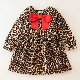 CrayonFlakes Full Sleeves  Leopard  Printed Polar Fleece Dress Cotton Leggings Set - Brown image 3