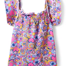 Babyhug Cotton Knit Frilled Sleeves Heart & Floral Printed Top with Smocking - Multicolor image 2