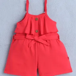 BUMZEE Cotton Knit Sleeveless Frill Detailing Solid Jumpsuit With Belt - Red image 2