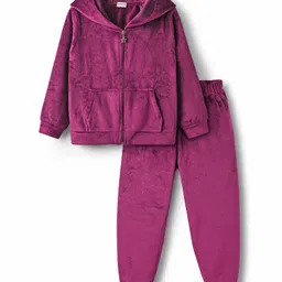 Babyhug Velour Woven Full Sleeves Shimmered Hooded Sweatshirt & Jogger Set with Kangaroo Pocket - Wine image 3