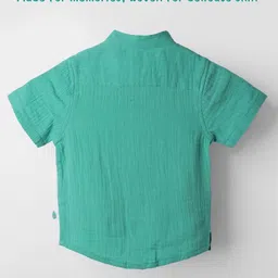 kids of greendeer Greendeer 100% Softner Washed Muslin Cotton Woven Half Sleeves Teddy Bear Embroidered Shirt - Mint image 4