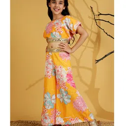 AJ Dezines Cotton Blend Woven Half Sleeves Floral Printed Mirror Work Detailed Top & Palazzo Set - Yellow image 4