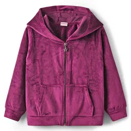 Babyhug Velour Woven Full Sleeves Shimmered Hooded Sweatshirt & Jogger Set with Kangaroo Pocket - Wine image 4