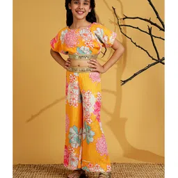 AJ Dezines Cotton Blend Woven Half Sleeves Floral Printed Mirror Work Detailed Top & Palazzo Set - Yellow image 5