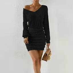 DressBerry Women Ribbed V-Neck Cuffed Sleeves Ruched Blouson Mini Dress-picture-12