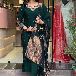 Suha Women Ethnic Motifs Embroidered Regular Thread Work Chanderi Silk Kurta with Trousers & With Dupatta-picture-13