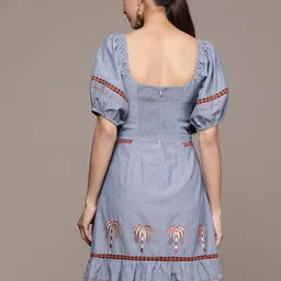 Label Ritu Kumar Floral Embroidered Sweetheart Neck Puff Sleeves Cotton Chambray Dress image 5