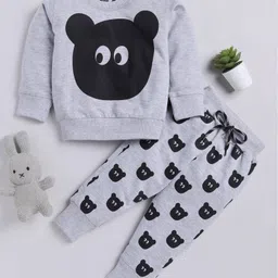 TOONYPORT Full Sleeves Cartoon Face Animal Printed Looper Knitted Sweatshirt & Joggers Set - Grey & Black-picture-28