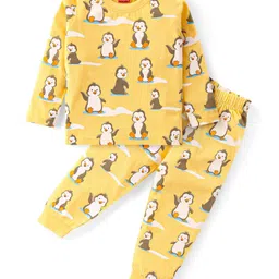 Babyhug Cotton Knit Full Sleeves Night Suit with Penguin Print - Yellow-picture-17