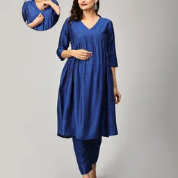 The Mom Store Silk Three Fourth Sleeves Solid Maternity Kurta With Nursing Access & Salwar Set - Blue-picture-32