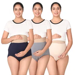 Morph Cotton Spandex Pack Of 3 Solid High Waist Maternity Belly Panel Panties - Navy Blue Steel Grey & Skin-picture-25