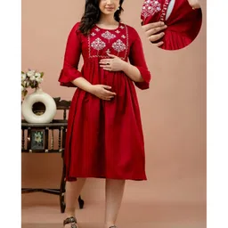 CeleBravo Cotton Blend Three Fourth Bell Sleeves Floral Embroidered Maternity Dress With Nursing Access - Maroon-picture-10