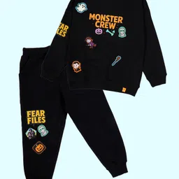 Kiddopanti Fleece Knit Halloween Theme Full Sleeves Pumpkin Ghost & Witch Printed Light Winter Sweatshirt With Track Pants Set - Black image 1