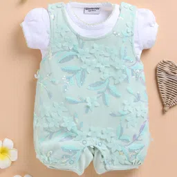 Wonderchild Floral Applique Detailed & Sequins Embellished Romper With Half Puffed Sleeves Top Set - White & Pista Green-picture-24