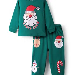 Bonfino 100% Cotton Knit Full Sleeves Night Suit With Santa Print - Green image 2