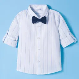 Mark & Mia Woven Full Sleeves Striped Party Shirt & Trouser Set with Bow & Suspender - Navy Blue & White image 2