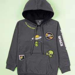 Kiddopanti Fleece Knit Full Sleeves Space Theme Printed Hooded Light Winter Sweatshirt & Track Pants Set- Grey image 3