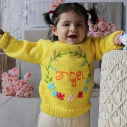 Woonie Full Sleeves   Floral Embroidered Hand Knitted  Sweater - Yellow image 4