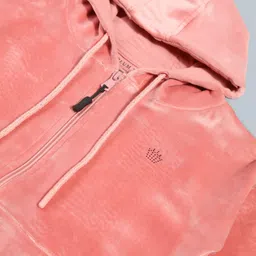 Plum Tree Premium Velour Knit Full Sleeves Crown Stone Embellished Light Winter Hooded Zip Up Sweatshirt - Light Peach image 4