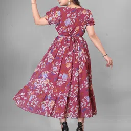 QENA Women Floral Printed Puff Sleeve Georgette Fit & Flare Midi Dress image 5