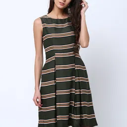 Tokyo Talkies Women Olive Green Striped Fit and Flare Dress-picture-28