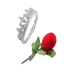 University Trendz Silver-Plated Single Crown Ring With Artificial Velvet Rose Combo image 5