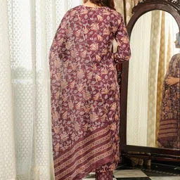 KALINI Women Floral Printed Regular Thread Work Kurta with Trousers & Dupatta image 2