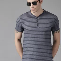 VAN HEUSEN DENIM LABS Men Grey & Black Striped Henley Neck Slim Fit T-shirt-picture-21