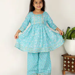 The Mom Store Full Sleeves Seamless Jaipuri Floral Printed & Lace Embellished Anarkali Kurta With  Flower Motif Printed Salwar - Blue-picture-21