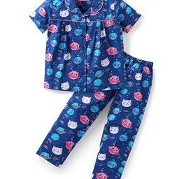 Babyhug Cotton Woven Half Sleeves Night Suit with Kitty Print - Navy Blue-picture-13